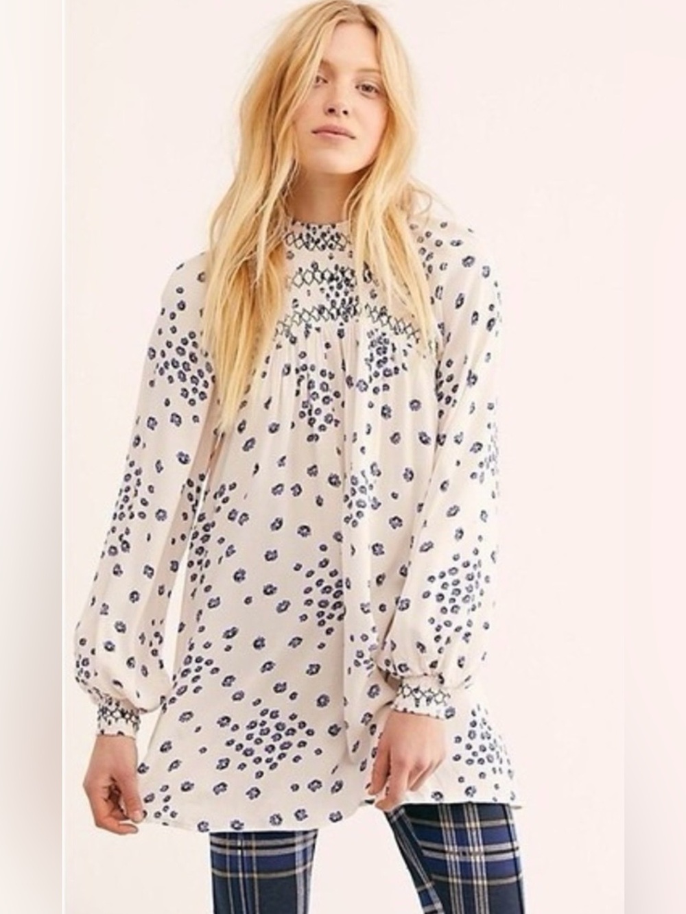 Free People Flowers in Her Hair Smocked Blue Floral Tunic Top S Boho Cottagecore